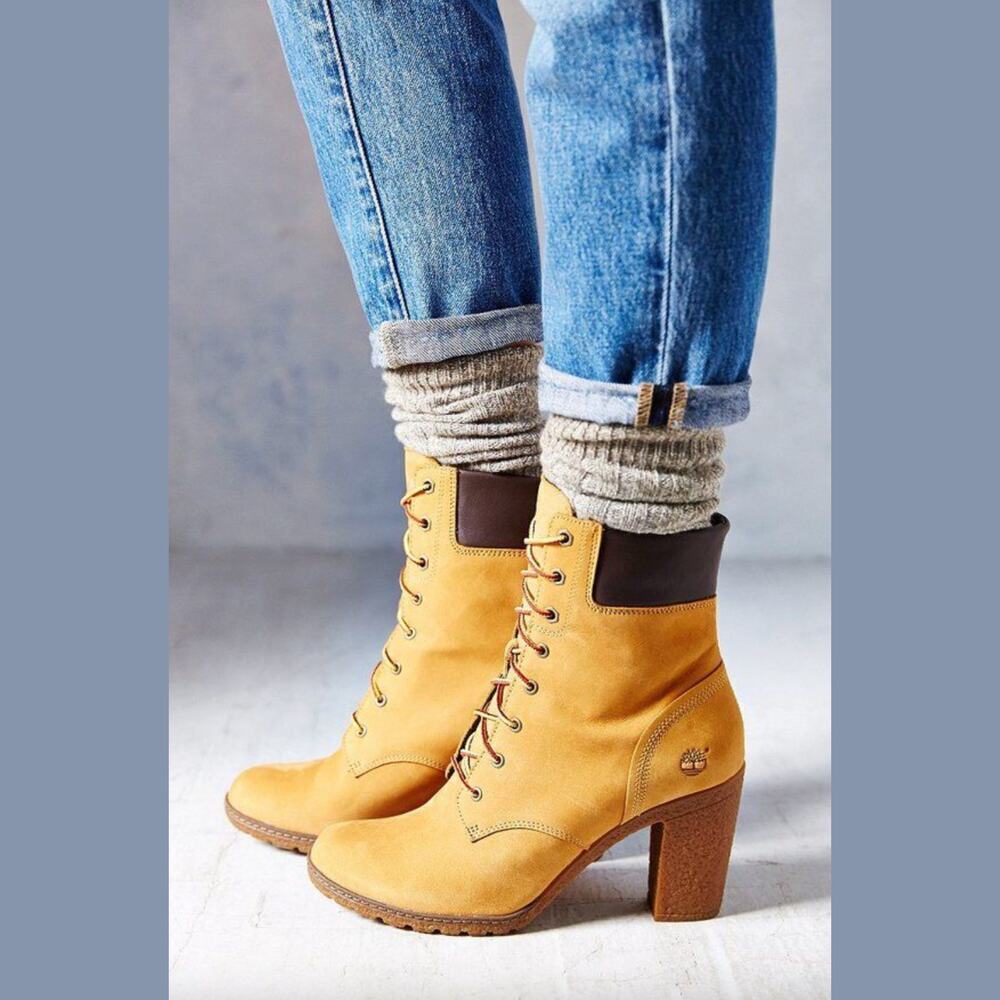 Timberland Lace-Up Heeled Boots | Wheat Nubuck, Stacked Heel, 7